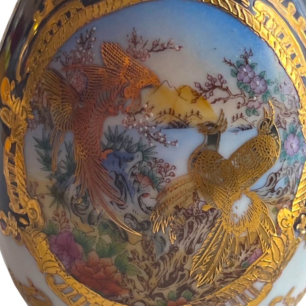 Limoges Egg Vintage Gold Gilded Cobalt Blue Enamel Pheasant Scene Vintage